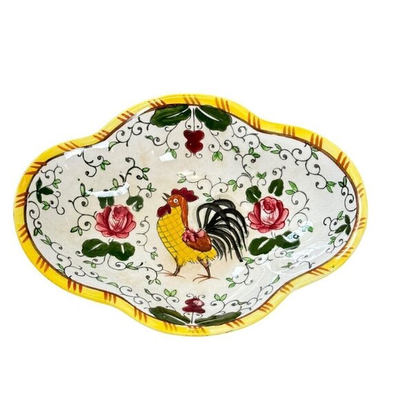 Vintage Ucagco Rooster, Roses Dish Early Provincial Underglaze Decorative Plate - Picture 6 of 14